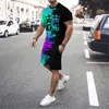 Erkek Yuvarlak Boyun Kısa Kollu Tshirt ve Şort Seti 3D Gülümseyen Yüz Mektubu Patchwork Moda Moda Sıradan Basketbol Sporları 240409