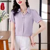 Blusas femininas M-5xl 2024 Summer bling tampe tampo da fita fita mulher de uso básico da senhora v pescoço rosa roxo camisa elegante