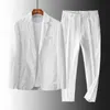 Mens 2 Piece Linen Cotton Suits Pocket White Black For Casual Formal Mens Suit Clothing Jacket Prom Tuxedos Patterned Blazer 240328