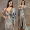2022 Srebrna pochwa długie rękawy Suknie wieczorowe Zużycie Iluzji Kryształowe koraliki wysokie z boku rozdzielone podłogowe sukienki na imprezę suknie balowe 5799802