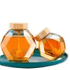 Hexagonal Glass Honey Bottle with Wooden Stirring Rod Honey Packaging Bottle Kitchen Honey Bottle Container Honey Jar