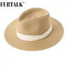 Furtalk Summer Shat для женщин Мужчина Панама соломенные пляжные шляпы Fedora UV Sun Protection Capchapeau Femme240409