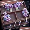 Hårklämmor Barrettes Antik lila huvudbonader Hårnål Glazed Flower Tassel Side Comb Fairy Step Shake Chinese Women Accessories Drop de Dhz7j