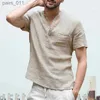 Men's Casual Shirts High quality mens linen V-neck bandage T-shirt solid color long sleeved casual cotton top yq240409