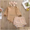 Kleidungssets Goocheer 3PCS Baby Girl Kleidung Set Kleinkind geboren im Herbst Langarm BodySuit Tops Plaid Shorts Stirnband-Outfit 0-24 m Drodhkos