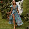 Summer Maxi Dress Women Short Short Casual V Neck Stampa floreale Boho Beach Dress S ~ 5xl Sexy Split Party Robe 240325