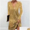 Basic Casual Dresses Shimmering Mini Dress Sequin V Neck Party Club For Women Shiny A-Line Solid Color Soft Breathable Plover Elastic Dh0Pr