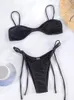 女性用水着ストリング黒い光沢のある水着2024ビキニセクシーな女性入浴スーツブラジルのソリッドカラービーチウェア