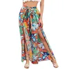 Damesbroek Boheemse vrouwen Flowy Wide Leg Summer Slit Beach Fashion Print High Tailed Baggy Trousers Pantalones de Mujer