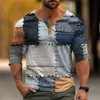 Męskie koszule swobodne koszule jesień kolorowy Patchwork 3D Print Henley koszule męskie moda vintage guzika z długim rękawem T Shirt Man Tees Tops Ubranie 2449