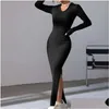 Grundläggande avslappnade klänningar Kvinnor Mantelklänning Elegant Plover Turn-down Skickad tröja Autumn Slim Fit Chic Female Midi Vestidos 2023 Drop D DH690