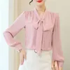 Женские блузки весна осенний темперамент моды корейский офисная леди простая рубашка лук V-образно