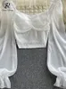 Singreiny Polka kropki fałdy krótka bluzka Summer Slash Szyja Kobiety Kobiety kalanter kalter elastyczna talia moda francuska plaża Top 240408