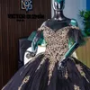 Black Shiny Off the Shoulder Ball Gown Quinceanera Dresses Gold Floral Appliques Lace Beads Tull Corset Vestidos De 15 Anos