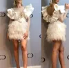 2023 Sexy Luxury Feather Cocktail Dresses Jewel Neck Illusion Ruffles Crystal Beads Short Mini Prom Dress Party Homecoming Gowns L4067494