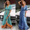 Genuine Womens Bohemian Swing V-neck Beach Resort Lace Up Printed Dress