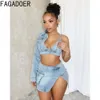 Fagadoer blauw sexy denim backless spleet tweedelig sets dames v nek een schouder lange mouw crop topmini rokken cowboy outfits 240408