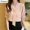 Camicette femminile da donna con nastro coreano camicie a maniche corte top chic settiera camicetta chiffon tops fashion women crave