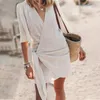 Lässige Kleider Bikini Cover-up Mini-Kleid elegante Schnüre-up gegen Hals für Frauen A-Line Solid Color Beach mit Halbsommer