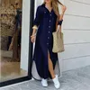 Abiti casual abito camicia lungo donna primaverile manica maxi lati del colletto a giù girare sequestrate abito longue