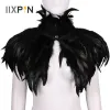 Black Gothic Victorian Naturan Feather Cape Shawl Stole Poncho con collare girocollo per Halloween Cosplay Rave Party Costume