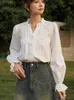 Женские блузки с милоходом французский орган с плиссированной рубашкой V-образного вырезок 2024 Presm Patal Patal Patchwork Ruffle Ryeve Sold Pearl Single Mraks Tops