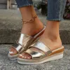 Sandals Ladies Casual Silver Line Double Broadband Slope High Heel Open Toe Retro Rome Sandalias Simple Fashion Slippers