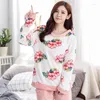 Home Clothing QWEEK Flannel Winter Women Sleepwear Flower Print Pajamas Sets Long Sleeve Pyjamas Casual Two Piece Warm Wear