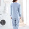 Hemkläder söt tecknad pyjamas kvinna långärmad o-krage bomulls sömnkläder damer casual blå pyjamas mujer inomhus ankomst