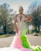 Pink Green Luxury Long Evening Birthday Party Dresses For Black Girl Sparkly Diamond Feather Prom Gown Vestido Festas Luxo