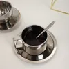 Mugs Stainless Steel Coffee Cups Set Pull Flower Cafe Mug Tea Milk Saucer Mat Spoon Double-walled Espresso Glasses Accessories