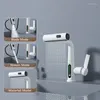 Küchenarmatur Wasserfall ausziehen Wasserhahn weißes intelligentes Digital Display Kaltmischer Klopftapfe Rotatable Sink Habing Becken