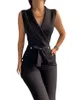 Womens Sleeveless Jumpsuit Solid Color Overall Bodysuit Clothing Office Style Vneck Laceup Jumpsuits High Waist Belt Pants 240409