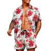 Zestawy męskie letnie ubranie męskie kwiatowy nadruk krótki rękaw hawajska koszula sznurka na plażę szorty mężczyzn S-5xl 2-punktowy zestaw plażowy