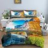 3d Nature Landschap Koning Koningin dekbed overbomen bloemen groen bladeren beddengoed set glans uitzicht quilt deksel polyester dekbeddeksel