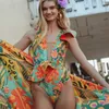 Kadın Mayo Kadınlar Tropikal Baskılı Derin V Yastık fırfırlı mayo Yukarı Tek Parça Plaj Giyim Geri Arka Monokini Mayalı Takım