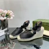 Sandals Women Shoes Size35-41 أسافين جلدية حقيقية عالية الكعب مصمم حزام الكاحل