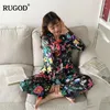 Home Clothing RUGOD Fashion Rainforest Print Long Pants Pijama Suits Women 2024 Autumn Winter Satin Silk Sleepwear 2 Two Piece Pajamas Set