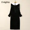 Lässige Kleider Evagina Mode Runway Designer Frauen Dollkragen Bow Long Sleeve Button Slim-Fit mit Hüftpack-Samtkleid
