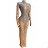 STAGE Wear y Crystals Transparent Long Robe Birthday Party Célébreuses Stones Mesh Stretch Dance Sleeves Singer Evenger Drop Livrot a Dhoi7