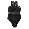 Women's Swimwear One-piece Swimsuit Stylish Mesh Splicing Monokini For Women High Waist S-shaped With Halter Neck Sexy Hollow