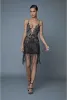 2024 Berta Tassel Black Cocktail Dresses Backless Spaghetti Neck spets Appliqued Beads Prom Dress See Through Sexy Mini aftonklänningar