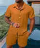 Summer Mens Fashion Trend Sports Fitness Casual Shirt Solid Color Loose Short Sleeve Shorts Beach Suit 240409