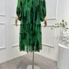 Robes décontractées 2024 Silk vert printemps d'été de qualité supérieure vintage à manches longues plies de pli de col