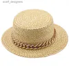 Brede rand hoeden emmer hoeden nieuwe vrouwen natuurlijke tarwe stro hoed gouden ketting meisje boot hoed derby strand zon hoed cap dame zomers brede pig beschermhoeden y240409