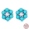 Boucles d'oreilles 925 Argent géométrique turquoise en argent sterling pour femmes zircon fleur de conception de bijoux