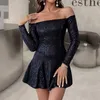 Casual Dresses Sexig Off Shoulder Dress Women's Elegant paljett Trim Lång ärm Hög midja Cinching Black Short för Eveing ​​Party