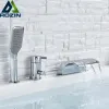 Pont Mount Chrome Waterfall Bathtub Robinet Single Handle Wide Waterfall Spout Bass Bather Tire Out Handpor plus répandu 3 trous