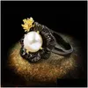 Rings Vintage Female White Pearl Thin Ring Classic 14Kt Black Gold Luxury Bridal Flower Engagement For Women Drop Delivery Jewelry Dhdjb