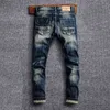 Jeans maschile in stile italiano uomo jeans retrò blu elastico elastico slim fit fit jeans strappato maschere designer vintage designer di denim casual pantaloni t240409